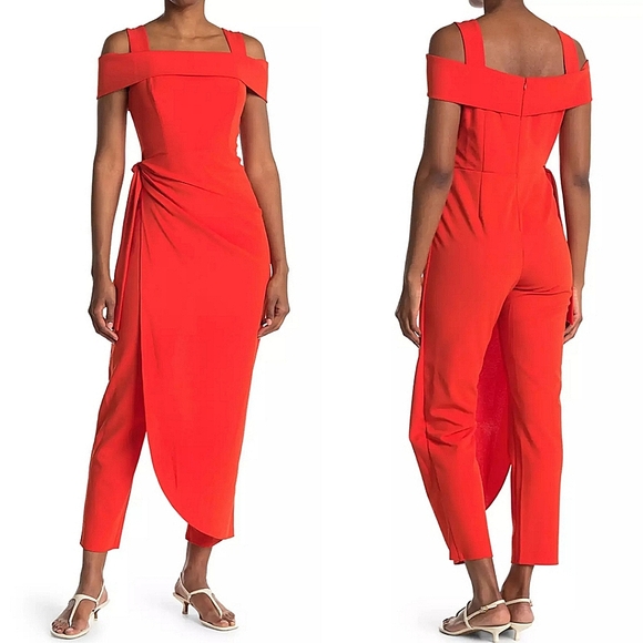 MARINA Pants - 💚Marina Cold Shoulder Orange Waist Tie Overlay Jumpsuit☆